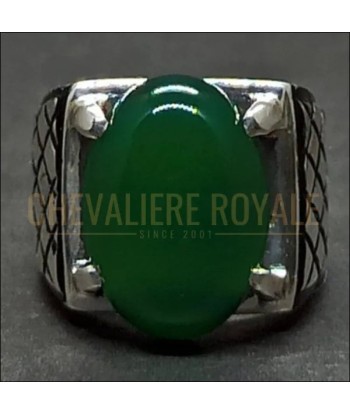 Chevalière homme en argent la pierre d'agate verte naturelle en stock