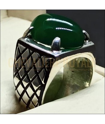 Chevalière homme en argent la pierre d'agate verte naturelle en stock