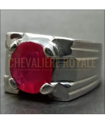 Chevalière argent massif avec la pierre rouge rubis 5 carats pas cher