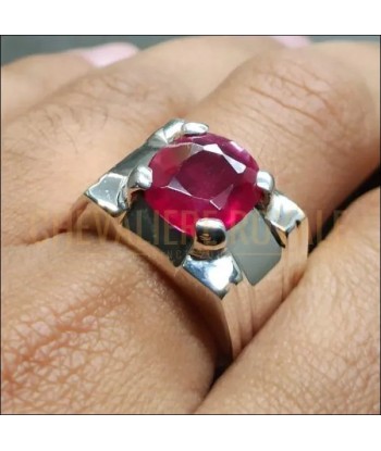 Chevalière argent massif avec la pierre rouge rubis 5 carats pas cher