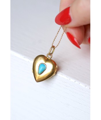 Pendentif médaillon ancien cœur ouvrant en or jaune et turquoise Economisez 