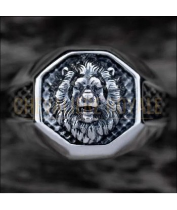 Chevalière tête de lion artisanale en argent massif détaillé Pour