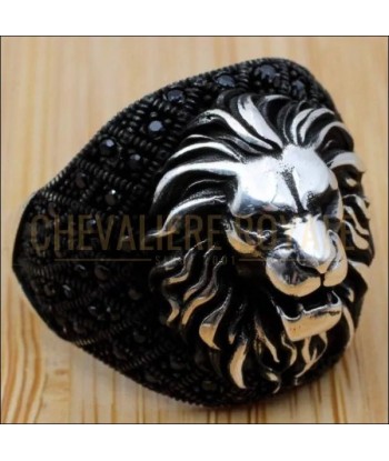 Chevalière tête de lion en argent avec la pierre onyx noire Comparez et commandez 