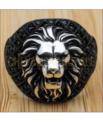 Chevalière tête de lion en argent avec la pierre onyx noire Comparez et commandez 