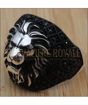 Chevalière tête de lion en argent avec la pierre onyx noire Comparez et commandez 