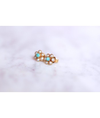 Boucles d'oreilles fleurs vintage en or, perles, et turquoises vente chaude votre 