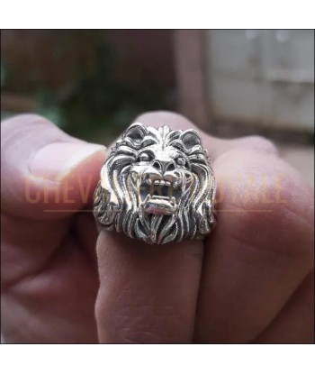 Chevalière homme lion féroce et agressive en argent massif de France