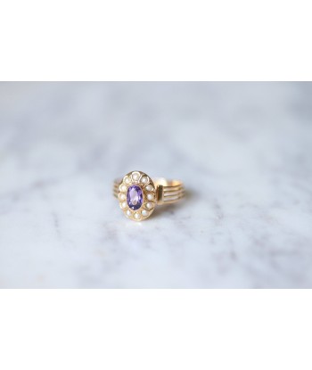 Bague Victorienne améthyste et perles fines en or rose 18Kt basket pas cher