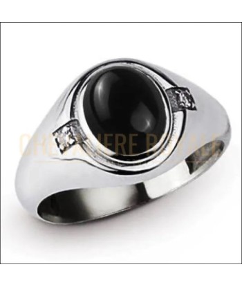 Chevalière en argent massif plaqué or blanc avec onyx noir Fin de série