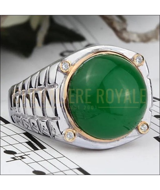 Chevalière homme argent 925 plaquée or la pierre agate verte la chaussure