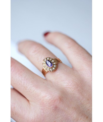 Bague Victorienne améthyste et perles fines en or rose 18Kt basket pas cher