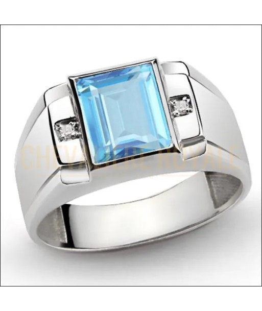 Bague chevalière argent incrustée de diamants et topaze bleue les ligaments