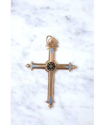 Croix ancienne régionale en or rose 18Kt et émail bleu et noir, fin du XVIIIe Siècle la livraison gratuite