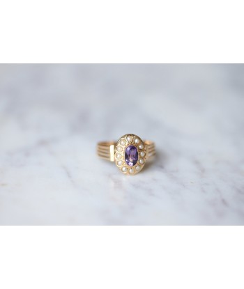 Bague Victorienne améthyste et perles fines en or rose 18Kt basket pas cher