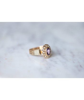 Bague Victorienne améthyste et perles fines en or rose 18Kt basket pas cher