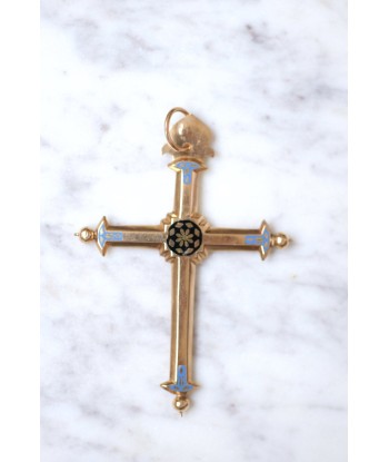 Croix ancienne régionale en or rose 18Kt et émail bleu et noir, fin du XVIIIe Siècle la livraison gratuite