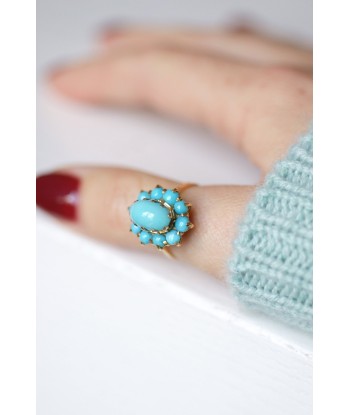 Bague fleur vintage en or jaune 18KT et cabochons de turquoise de la marque