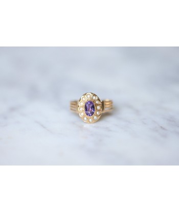 Bague Victorienne améthyste et perles fines en or rose 18Kt basket pas cher