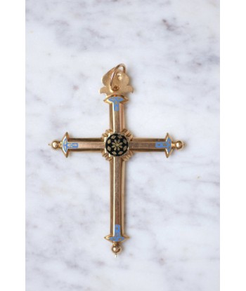 Croix ancienne régionale en or rose 18Kt et émail bleu et noir, fin du XVIIIe Siècle la livraison gratuite