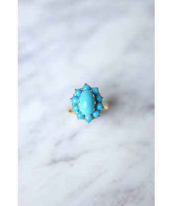 Bague fleur vintage en or jaune 18KT et cabochons de turquoise de la marque