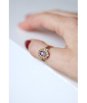 Bague Victorienne améthyste et perles fines en or rose 18Kt basket pas cher