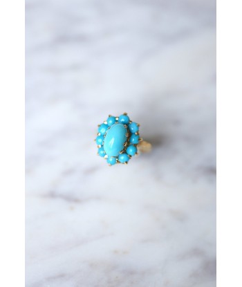 Bague fleur vintage en or jaune 18KT et cabochons de turquoise de la marque