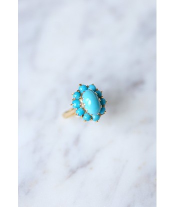 Bague fleur vintage en or jaune 18KT et cabochons de turquoise de la marque