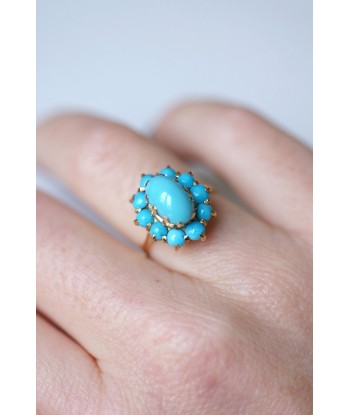 Bague fleur vintage en or jaune 18KT et cabochons de turquoise de la marque