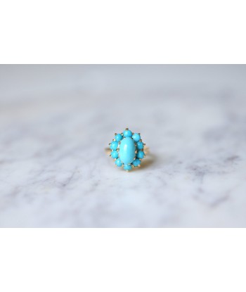 Bague fleur vintage en or jaune 18KT et cabochons de turquoise de la marque