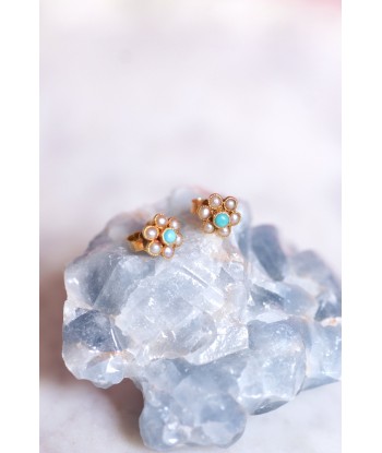 Boucles d'oreilles fleurs vintage en or, perles, et turquoises vente chaude votre 