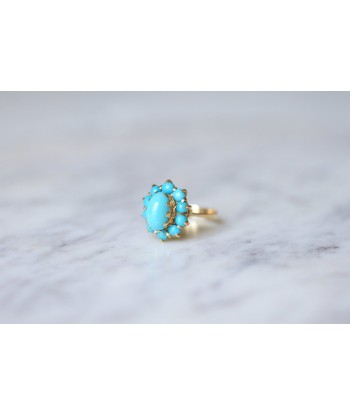 Bague fleur vintage en or jaune 18KT et cabochons de turquoise de la marque