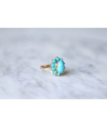 Bague fleur vintage en or jaune 18KT et cabochons de turquoise de la marque