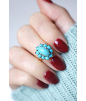 Bague fleur vintage en or jaune 18KT et cabochons de turquoise de la marque