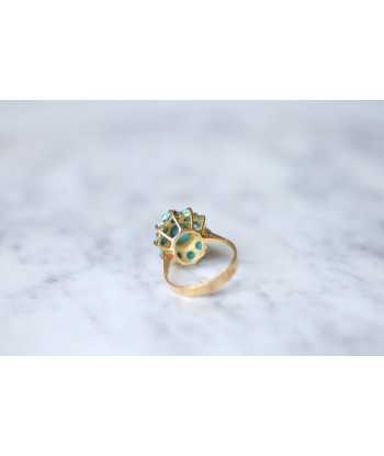 Bague fleur vintage en or jaune 18KT et cabochons de turquoise de la marque