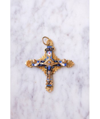 Croix ancienne régionale, du Puy en Velay, en or 18Kt et émail bleu et noir, XVIIIe Siècle est présent 