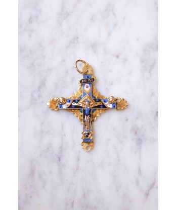 Croix ancienne régionale, du Puy en Velay, en or 18Kt et émail bleu et noir, XVIIIe Siècle est présent 