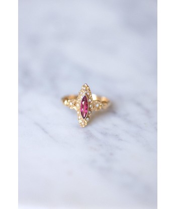 Bague marquise ancienne Victorienne or, pierre rouge, et perles pas cher 