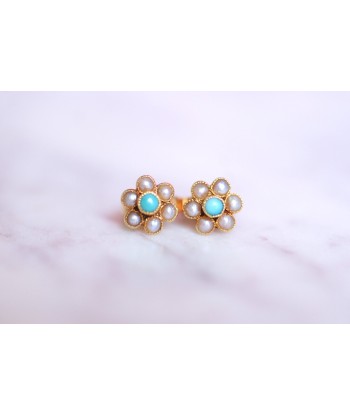 Boucles d'oreilles fleurs vintage en or, perles, et turquoises vente chaude votre 