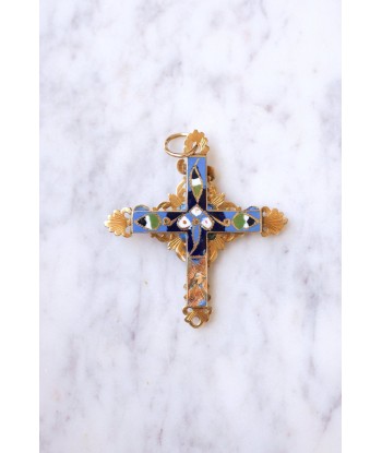 Croix ancienne régionale, du Puy en Velay, en or 18Kt et émail bleu et noir, XVIIIe Siècle est présent 