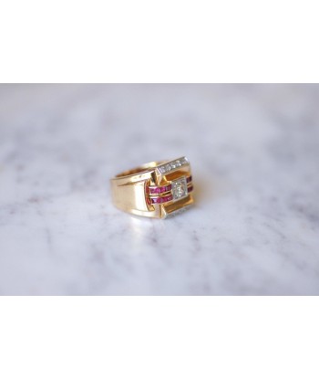 Bague vintage Tank Art Déco or rose et platine ornée de diamants et rubis Profitez des Offres !