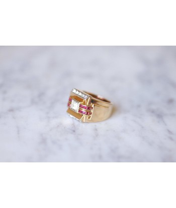 Bague vintage Tank Art Déco or rose et platine ornée de diamants et rubis Profitez des Offres !