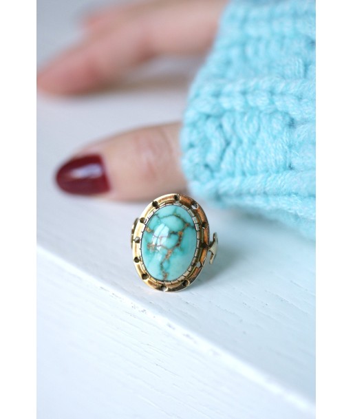 Bague de cocktail vintage en or rose 14Kt et cabochon de turquoise le des métaux précieux