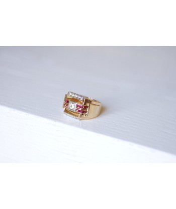 Bague vintage Tank Art Déco or rose et platine ornée de diamants et rubis Profitez des Offres !