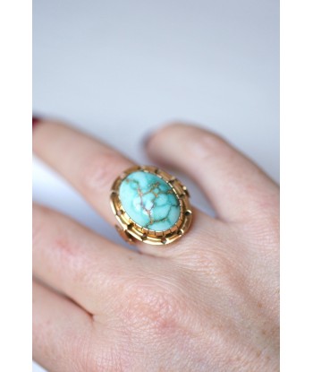 Bague de cocktail vintage en or rose 14Kt et cabochon de turquoise le des métaux précieux