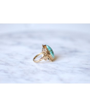 Bague de cocktail vintage en or rose 14Kt et cabochon de turquoise le des métaux précieux