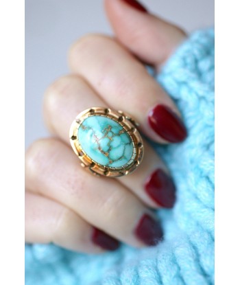 Bague de cocktail vintage en or rose 14Kt et cabochon de turquoise le des métaux précieux