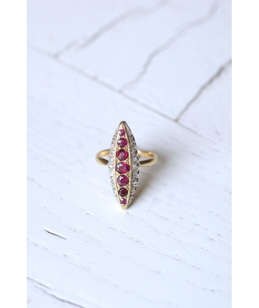 Bague marquise Victorienne diamants et rubis en or et argent france