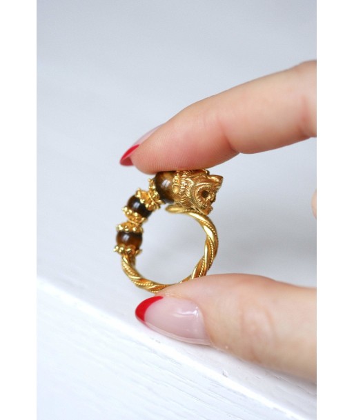 Bague tête de lion Ilias Lalaounis or jaune et quartz oeil de tigre Les magasins à Paris et en Île-de-France