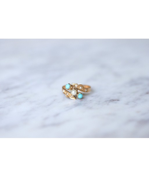 Bague ancienne Toi et Moi, turquoises, perles, sur or rose 50-70% off 