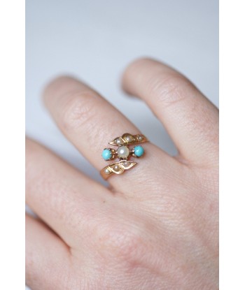 Bague ancienne Toi et Moi, turquoises, perles, sur or rose 50-70% off 